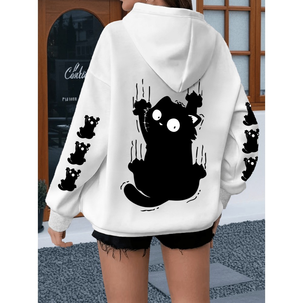 Women'S Plus Size Cat Drawing Print Hoodie, Casual Drawstring Hooded Long Sleeve Kangaroo Pocket Sweatshirt, Women'S Plus Size Clothing