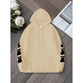 Women'S Plus Size Cat Drawing Print Hoodie, Casual Drawstring Hooded Long Sleeve Kangaroo Pocket Sweatshirt, Women'S Plus Size Clothing