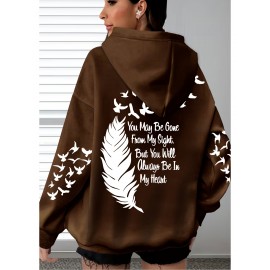 Women's Plus Size Soft Casual Hooded Sweatshirt with Artistic Back Print - Black & White & Bird Design, Kangaroo Pocket, Relaxed Fit, Machine Washable, All-Season Comfort, Ladies Sweatshirts, Decorative Text Design