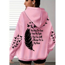 Women's Plus Size Soft Casual Hooded Sweatshirt with Artistic Back Print - Black & White & Bird Design, Kangaroo Pocket, Relaxed Fit, Machine Washable, All-Season Comfort, Ladies Sweatshirts, Decorative Text Design