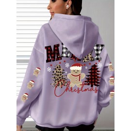 Plus Size, Women's Oversized Christmas Gingerbread Cookie Print Hooded Sweatshirt - Soft Long Sleeve Pullover with Pocket, Merry Christmas Lettering & Plaid Snowflake Design, Cozy Casual Holiday Sweater for Casual Attire (Machine Washable)