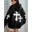 [Faithinspired Plus Size Hoodie] Faithinspired Plus Size Women's Elegant Casual Hooded Sweatshirt - Black Cross Print Long Sleeve Pullover, Cozy Fall & Winter Machine Washable Hoodie, Soft Fabric, Stylish, Durable Construction