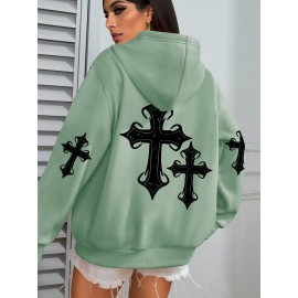 [Faithinspired Plus Size Hoodie] Faithinspired Plus Size Women's Elegant Casual Hooded Sweatshirt - Black Cross Print Long Sleeve Pullover, Cozy Fall & Winter Machine Washable Hoodie, Soft Fabric, Stylish, Durable Construction