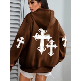 [Faithinspired Plus Size Hoodie] Faithinspired Plus Size Women's Elegant Casual Hooded Sweatshirt - Black Cross Print Long Sleeve Pullover, Cozy Fall & Winter Machine Washable Hoodie, Soft Fabric, Stylish, Durable Construction