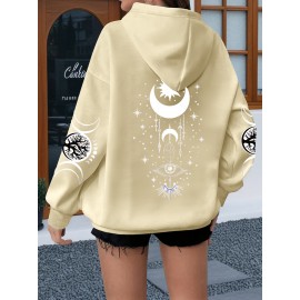 Oversized Women's Hoodie with Moon and Stars Graphic Print, 100% Polyester Long Sleeve Pullover with Kangaroo Pocket, Casual Loose Fit for All Seasons