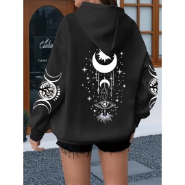 Oversized Women's Hoodie with Moon and Stars Graphic Print, 100% Polyester Long Sleeve Pullover with Kangaroo Pocket, Casual Loose Fit for All Seasons