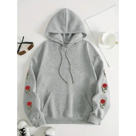 Plus Size Floral Rose Print Hoodie - Cozy, Stylish, 100% Polyester Knit Fabric, Slight Stretch for Fall/Winter