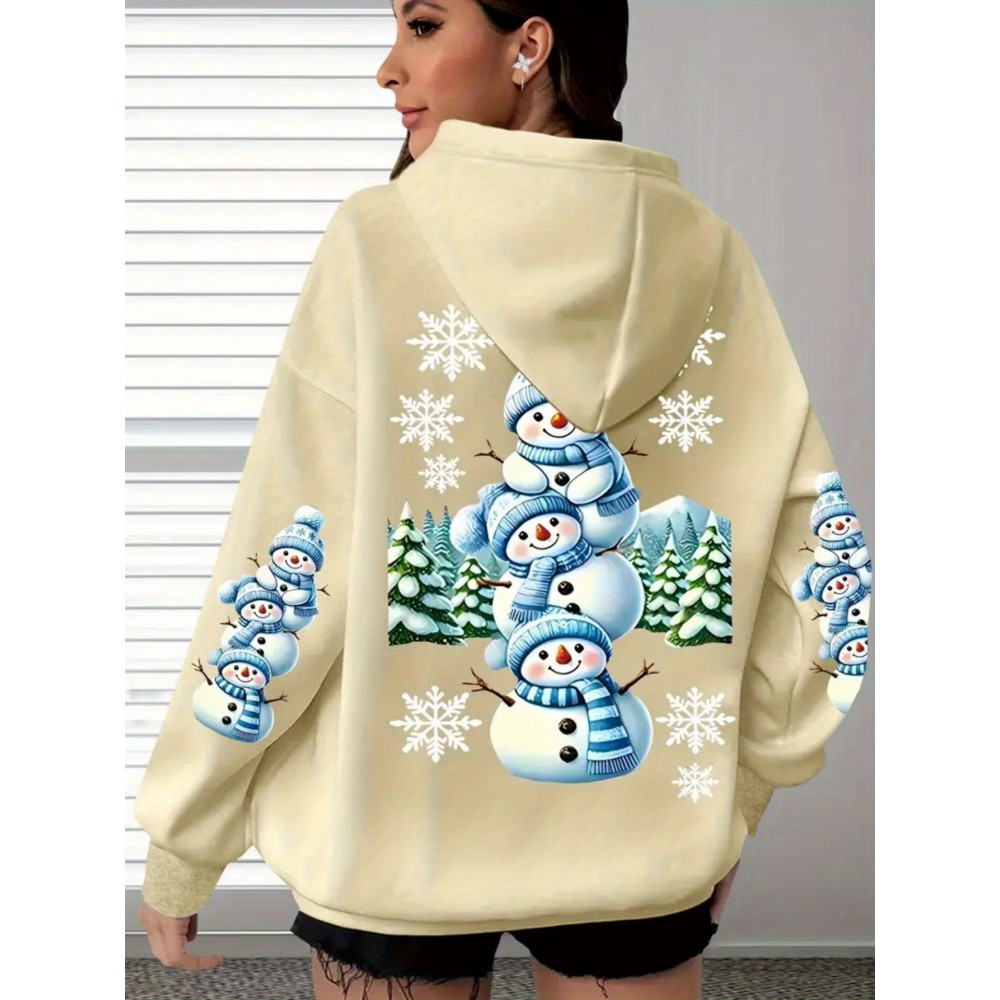 [Cozy Snowman Hoodie] Cozy Oversized Women's Mint Green Snowman & Snowflake Print Hoodie | Soft Casual Long Sleeve Pullover with Pockets, Machine Washable, Winter Accessories, Comfortable Clothing, Playful Graphic Design, Durable Fabric