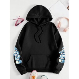 [Cozy Snowman Hoodie] Cozy Oversized Women's Mint Green Snowman & Snowflake Print Hoodie | Soft Casual Long Sleeve Pullover with Pockets, Machine Washable, Winter Accessories, Comfortable Clothing, Playful Graphic Design, Durable Fabric