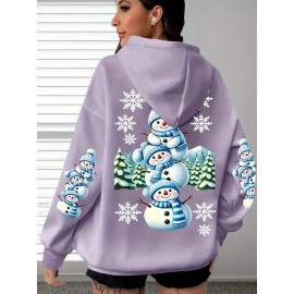 [Cozy Snowman Hoodie] Cozy Oversized Women's Mint Green Snowman & Snowflake Print Hoodie | Soft Casual Long Sleeve Pullover with Pockets, Machine Washable, Winter Accessories, Comfortable Clothing, Playful Graphic Design, Durable Fabric