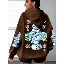 [Cozy Snowman Hoodie] Cozy Oversized Women's Mint Green Snowman & Snowflake Print Hoodie | Soft Casual Long Sleeve Pullover with Pockets, Machine Washable, Winter Accessories, Comfortable Clothing, Playful Graphic Design, Durable Fabric