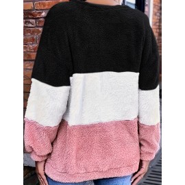 [Plus Size Fleece Hoodie] Cozy Plus Size Women's Plush Fleece Hoodie | Color Block Striped Loose Fit Pullover, Round Neck & Machine Washable | Casual Fall Winter Fashion Top, Comfortable Clothing, Nontransparent Material