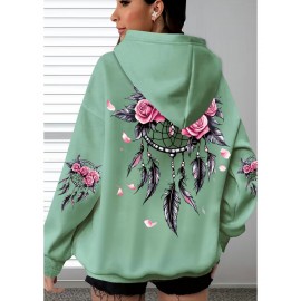 [Pink Oversized Hoodie] Soft Women's Oversized Hoodie | Floral Turtle Graphic Print Long Sleeve Pocket Sweatshirt, Pink All-Season Comfort Fit, Everyday Comfort Wear, Quality Casualwear