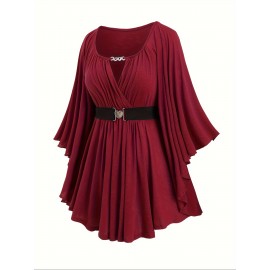 Plus Size Solid Keyhole Neck Belted Top, Ruched Flare Sleeve Chain Decor Elegant Top For Spring & Fall, Women's Plus Size Clothing