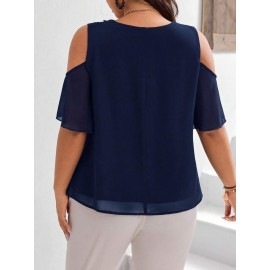 Plus Size - Plus Size Women'S Elegant Off-Shoulder Lace Blouse - Summer Collection, Chiffon, Round Neck, Short Sleeves, Solid Color, Medium Stretch, Stylish and Comfortable for Casual or Formal Occasions, Casual Chic Blouse | Elegant Offshoulder | Chiffon Fabric