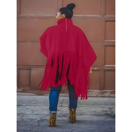[Plus Size Tassel Top] Plus Size Women's Tassel Top - Vibrant Red Retro Chic Oversized High Neck Long Sleeve Blouse | Batwing Sleeves, Flowy Fabric, Stretchy Machine-Washable | Party & Banquet, Festive Outfit, Fall/Winter Fashion, Casual & Formal Events