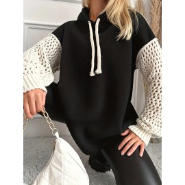 Plus Size, Women's Plus-Size Hoodie - Black & White Contrast Sleeves, Ribbed Cuffs & Hem, Cozy Pullover Sweatshirt for All-Season Casual Wear, Sweater Hoodie, Hooded Sweatshirt, Durable Knitwear