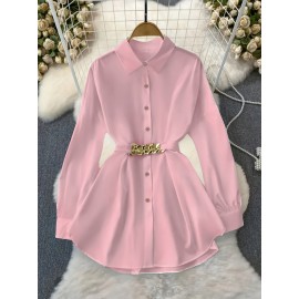 Plus Size, Women's Elegant Blouse Shirt - Long Sleeve Button-up top with Belt Accent, Non-Stretchy Fabric for Formal & Everyday Outfits - Office, Party, Casual Chic Outfits - Machine Washable Women's Clothing, Office Attire, Classic Collar, Polished Look, Stylish Top, Professional Women