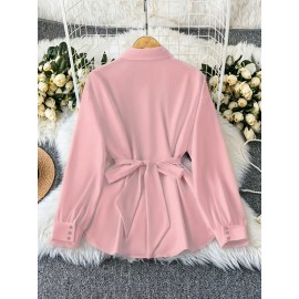 Plus Size, Women's Elegant Blouse Shirt - Long Sleeve Button-up top with Belt Accent, Non-Stretchy Fabric for Formal & Everyday Outfits - Office, Party, Casual Chic Outfits - Machine Washable Women's Clothing, Office Attire, Classic Collar, Polished Look, Stylish Top, Professional Women