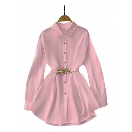 Plus Size, Women's Elegant Blouse Shirt - Long Sleeve Button-up top with Belt Accent, Non-Stretchy Fabric for Formal & Everyday Outfits - Office, Party, Casual Chic Outfits - Machine Washable Women's Clothing, Office Attire, Classic Collar, Polished Look, Stylish Top, Professional Women