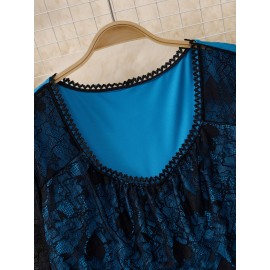 Plus Size - Elegant Plus Size Women'S Christmas Dress with Lace Trim and Belted Waist - Navy Blue Floral Print, Long Sleeve, Round Neck, Perfect for Spring/Fall Holiday Celebrations, Holiday Attire|Floral Print Dress|Lace Trim Dress