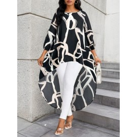 Plus Size, Plus Size Women's Elegant Oversized Asymmetrical Hem Blazer-like Jacket - Black/White/Beige/ Geometric Print Long Sleeve Coat, Machine Washable Loose-Fit Top for Spring/Fall, Casual & Formal Events (No Chest Padding)
