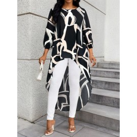 Plus Size, Plus Size Women's Elegant Oversized Asymmetrical Hem Blazer-like Jacket - Black/White/Beige/ Geometric Print Long Sleeve Coat, Machine Washable Loose-Fit Top for Spring/Fall, Casual & Formal Events (No Chest Padding)