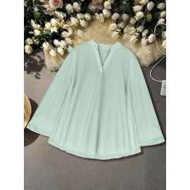 [Plus Size Chiffon Shirt] Plus Size Elegant Long-Sleeve Chiffon Shirt | High-Density, Soft Lining, Flowing Mesh, Henley Neckline, Smooth Tailoring | Spring & Autumn Outings