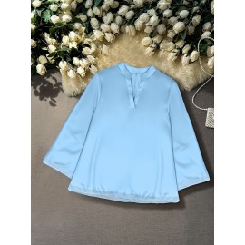 [Plus Size Chiffon Shirt] Plus Size Elegant Long-Sleeve Chiffon Shirt | High-Density, Soft Lining, Flowing Mesh, Henley Neckline, Smooth Tailoring | Spring & Autumn Outings