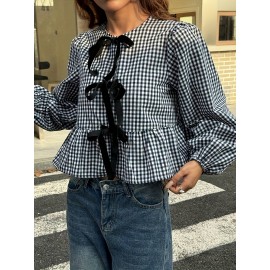 Plus Size - Women'S Plus Size Checkered Lace-Up Blouse - Casual Long Sleeve Crew Neck Top with Tie Detail, Black & White Gingham Pattern, Loose Fit for Spring/Summer/Fall, Plus Size Blouses