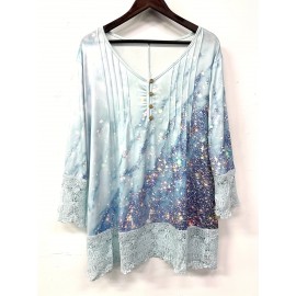 Women 3/4 Sleeve V-neck Polka Dot Printed Graphic Lace Button Tops