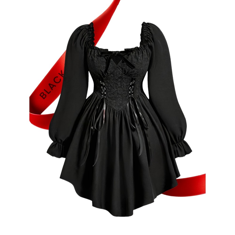 Plus Size Women's Dress with Jacquard Cross Lace Sleeves