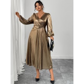 Plus Size - Elegant Plus Size V-Neck Long Sleeve Dress with Puff Sleeves and Cinched Waist - Golden, Flowing A-Line Silhouette, Perfect for Formal Occasions, Formal Evening Wear | Vneck Dress | Glossy Texture