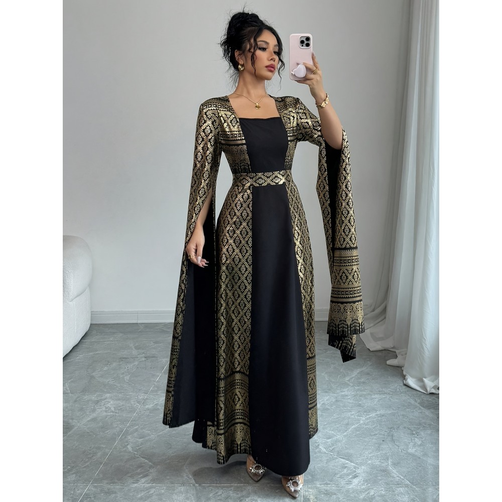 Plus Size Women's Elegant Formal Party Wedding Dress/Long Sleeve Flared Blouse, Flared Skirt/Non-Stretchy Fabric/Plus Size Formal Events & Casual Attire/Year-Round Evening Gown/Wedding Guest Dresses/Special Occasion Gown/Sophisticated Design/Structured Fit/Stylish Gown/Fashion Lovers