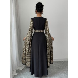 Plus Size Women's Elegant Formal Party Wedding Dress/Long Sleeve Flared Blouse, Flared Skirt/Non-Stretchy Fabric/Plus Size Formal Events & Casual Attire/Year-Round Evening Gown/Wedding Guest Dresses/Special Occasion Gown/Sophisticated Design/Structured Fit/Stylish Gown/Fashion Lovers