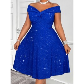 Plus Size - Plus Size, Women'S Plus Size Sexy Twist Off-Shoulder Sparkling A-Line Dress, Suitable for Parties, Cocktail Events, Christmas, Valentine'S Day, Formal Wear, Party Wear