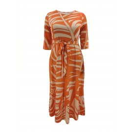 Tropical Print Maxi Dress for Women - Casual Crew Neck, 5-Point Sleeve with Tie Waist, Plus Size, Vibrant Orange & Yellow Leaf Pattern, All-Season Comfort