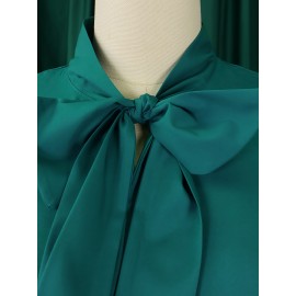 [New Arrival Plus Size Dress] Spring/Summer New Arrival - Elegant Plus Size Casual Chic Dress with Ruffled Bell Sleeves, Bow Detail, Stand Collar | Solid Color, Non-Stretch Fabric