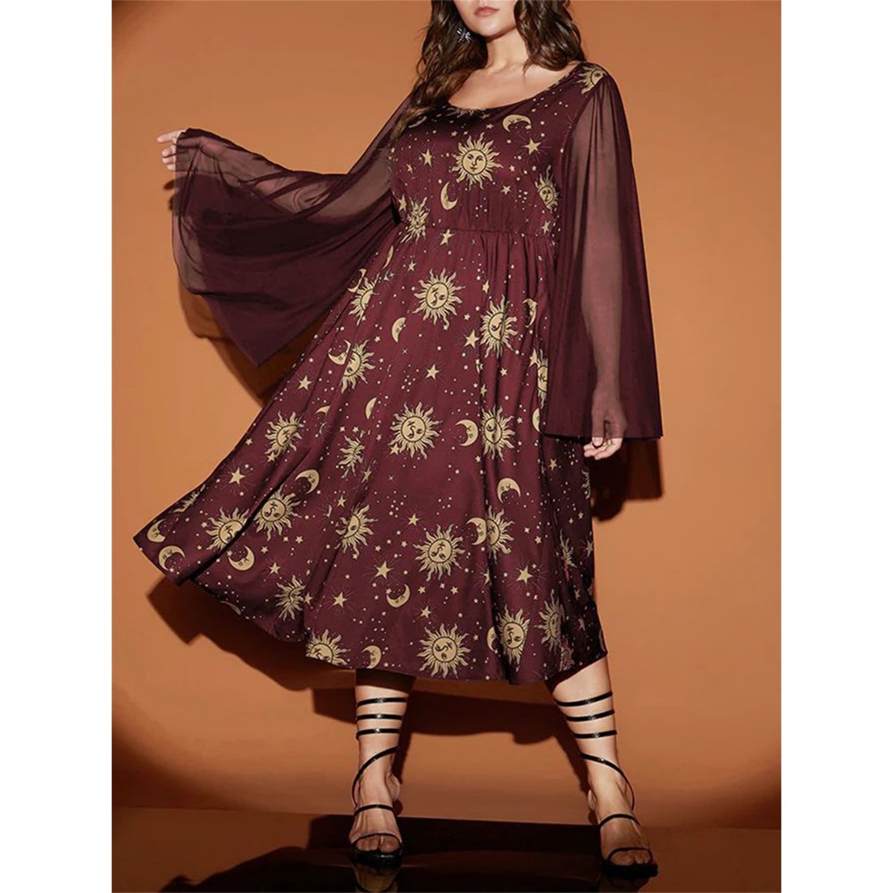 Women's Halloween Flowy Dress Elegant Long Sleeve Scoop Neck Sun Moon Print Pocket Dress Midi Dress