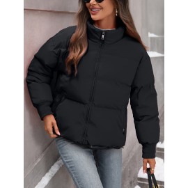 Women's Plus Size Winter Elegant Outerwear Coat - Full-Length Zipper Front Closure, Stand Collar H-Line Silhouette, Machine Washable Solid Color Jacket for Cold Weather, Casual & Dressy Occasions