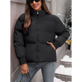 Women's Plus Size Winter Elegant Outerwear Coat - Full-Length Zipper Front Closure, Stand Collar H-Line Silhouette, Machine Washable Solid Color Jacket for Cold Weather, Casual & Dressy Occasions