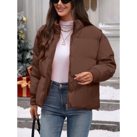 Women's Plus Size Winter Elegant Outerwear Coat - Full-Length Zipper Front Closure, Stand Collar H-Line Silhouette, Machine Washable Solid Color Jacket for Cold Weather, Casual & Dressy Occasions