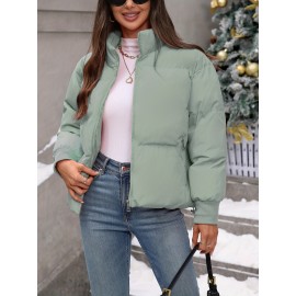 Women's Plus Size Winter Elegant Outerwear Coat - Full-Length Zipper Front Closure, Stand Collar H-Line Silhouette, Machine Washable Solid Color Jacket for Cold Weather, Casual & Dressy Occasions