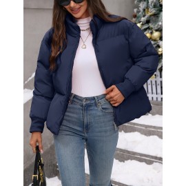 Women's Plus Size Winter Elegant Outerwear Coat - Full-Length Zipper Front Closure, Stand Collar H-Line Silhouette, Machine Washable Solid Color Jacket for Cold Weather, Casual & Dressy Occasions