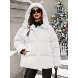 Women's Winter Hooded Jacket - Non-Stretch Outer Coat, Full-Length Zipper Front Closure, Machine Washable Cold Weather Outerwear for Everyday & Formal Events - Women's Outerwear, Ladies Winter Coats, Sleek Fabric Design, Classic Coat, Durable Material, Professional Women