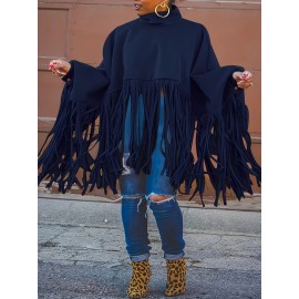 [Plus Size Tassel Top] Plus Size Women's Tassel Top - Vibrant Red Retro Chic Oversized High Neck Long Sleeve Blouse | Batwing Sleeves, Flowy Fabric, Stretchy Machine-Washable | Party & Banquet, Festive Outfit, Fall/Winter Fashion, Casual & Formal Events