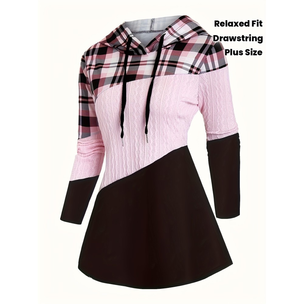 Plus Size - Plus Size Women'S Plaid Hooded Sweater - Long Sleeve Pullover with Drawstring Hood, Casual Fall/Winter Top, Pink & Checkered Pattern, Cozy Clothing | Relaxed Fit Sweater | Construction