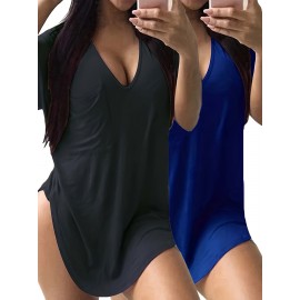 Large Size V-Neck Pocket Irregular Hem Short-Sleeved Top T-Shirt Two-Piece Set