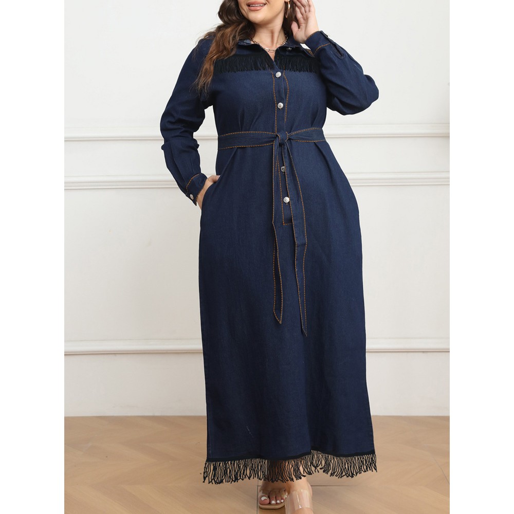 Plus Size Casual Long Sleeve Tunic Dress, Cotton Blend, Slight Stretch, Solid Color, Loose Fit, with Lapel Collar, Tassel Detail, for Fall/Winter